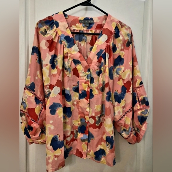 NWOT Sharagano Peach Colored Blouse With Multi Color Balloon Design, Size Large - Picture 1 of 7
